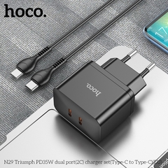 Bộ sạc nhanh 35W HOCO N29 (c-l) QC3.0+PD (cóc 2 cổng Type C, cáp Type-C ra iPhone Lightning) chính hãng [BH 1 Năm]