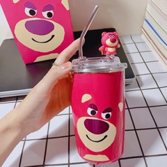 Ly 450ml hình gấu dâu hồng lotso kute đựng nước giữ nhiệt nóng lạnh kèm ống hút