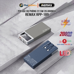 Pin sạc nhanh 22.5w REMAX RPP-189 20.000mAh dự phòng (cổng sạc Type-C chỉ sạc vào - IN) kèm cáp liền pin, thiết kế lộ mạch trong suốt PD QC3.0 chính hãng [BH 1 năm]