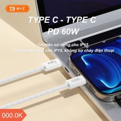 Cáp sạc nhanh 60w BYZ X60 (c-c 1m) 2 đầu type-c ra typec dây dù chính hãng (iPhone 15) [BH 6 tháng]