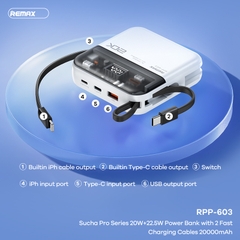 Pin sạc nhanh 22.5w Remax RPP-603 20.000mAh QC3.0 + PD (sạc dự phòng kèm cáp liền pin, thiết kế lộ mạch) chính hãng [BH 1 năm]