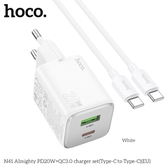 Bộ sạc nhanh 20w HOCO N41 (c-c) (cáp 2 đầu Type C) PD20w + QC3.0 2 cổng (1 cổng usb 1 cổng type C) chính hãng [BH 1 Năm]