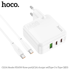 Bộ sạc nhanh 65w HOCO C115A (C-C) (cóc 2C1A - 3 cổng) (cóc 2 cổng type-c PD vs 1 cổng usb QC3.0) (cáp 2 đầu type-c ra type c) đa năng chính hãng [BH 1 năm]