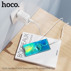 Bộ sạc nhanh 65w HOCO C115A (C-C) (cóc 2C1A - 3 cổng) (cóc 2 cổng type-c PD vs 1 cổng usb QC3.0) (cáp 2 đầu type-c ra type c) đa năng chính hãng [BH 1 năm]