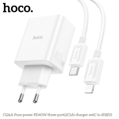Bộ sạc nhanh 40w HOCO C126A (C-L) (cóc 1 cổng usb QC3.0 vs 2 cổng type-c PD) 3 cổng 2C1A kèm cáp cổng Type C ra iPhone Lightning chính hãng BH: 1 NĂM]