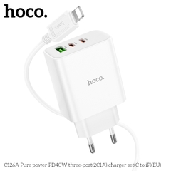 Bộ sạc nhanh 40w HOCO C126A (C-L) (cóc 1 cổng usb QC3.0 vs 2 cổng type-c PD) 3 cổng 2C1A kèm cáp cổng Type C ra iPhone Lightning chính hãng BH: 1 NĂM]