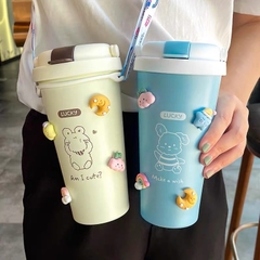 Ly giữ nhiệt có quai xách KÈM  STICKER 3D dán cho bé 500ml tặng ống hút- màu tùy lô ngẫu nhiên [BH: NONE]