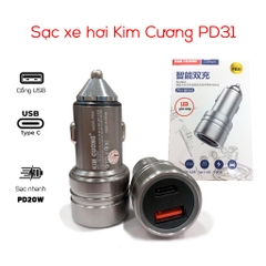 Cóc sạc nhanh xe hơi 40w ô tô Kim Cương PD31 (1 cổng USB vs 1 cổng Type C) chính hãng [BH 6 Tháng]