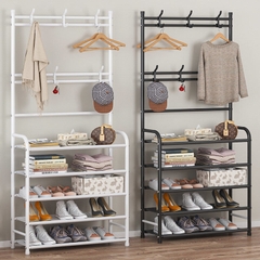 Kệ giày dép 4 tầng FLOOR COAT RACK kết hợp khung treo quần áo, túi xác, móc chìa khoá đa năng