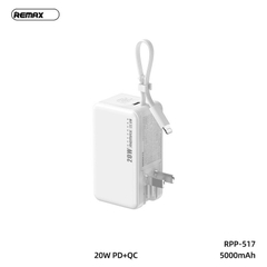 Pin sạc nhanh 20w REMAX RPP-517 dự phòng 5.000mAh QC3.0+PD 22.5w KIÊM Cóc sạc nhanh 20w chính hãng (kèm cáp iphone lightning vs chui ghim ổ điện vừa sạc đt vừa sạc cục pin) [BH: 1 năm]