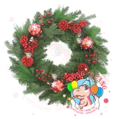 Vòng hoa 4 loại lá đầu tròn gắn trái thông, cherry