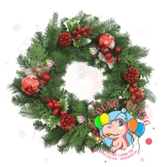 Vòng hoa 5 loại lá gắn trái thông, cherry