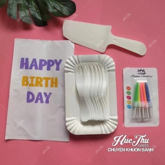 Combo 10 đĩa Giấy + 10 dĩa + 1 Dao + 1 vỉ 10 cây nến, Bộ Dao dĩa nến - Phụ kiện bánh sinh nhật bánh kem