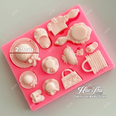 Khuôn silicon Túi Xách, Lược, Gương... A174 (vỉ 12 hình) làm bánh rau câu 3D 4D nhấn xôi, fondant, socola, nến hanmade