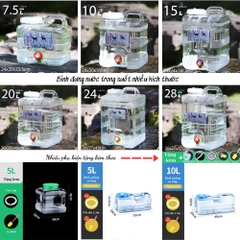 Bình Nước Trong Suốt 5L/7L/10L/15L/20L/24L Can Đựng Nước Cắm Trại Dã Ngoại Kèm Vòi Dự Phòng + Nắp Đậy + Ống Nối Dài + Cọ Bình