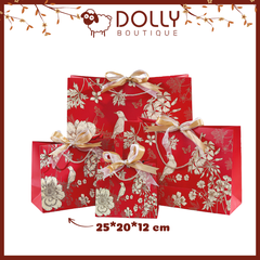 Túi Giấy Quà Tặng Đỏ Hoa Văn Vàng Tết 2025 25*20*12CM