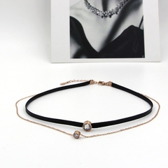 Choker dây đôi da PU mặt hoa đen mix đá sang trọng 0.4*(31+6)cm