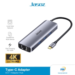 HUB 8 in 1 USB Type C sang HDMI+RJ45 gigabit+3x USB 3.0+PD+SD/TF JASOZ T-H112