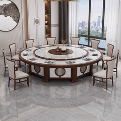 Bộ bàn ăn khách sạn với mâm xoay điện tự động cao cấp mặt đá kết hợp gỗ mẫu BA01