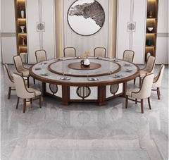 Bộ bàn ăn khách sạn với mâm xoay điện tự động cao cấp mặt đá kết hợp gỗ mẫu BA01