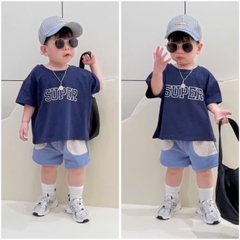 BT459- Bộ super xanh biển phối kèm mũ kẻ chất cotton mix quần cua