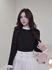 SET354-Set áo len phôi ren và chân váy xếp ly ngắn 2 lớp