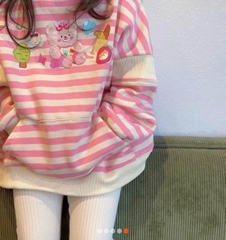 BN030- Bộ áo hồng kẻ ngang thêu mix quần legging VNXK