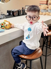 Bn134- Bộ nỉ dài tay bé trai trắng xanh hoạ tiết Cún PLuey VNXK