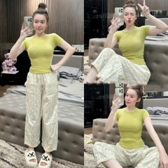 SET450-Áo áo cộc cotton xược trơn mix quần chân ren