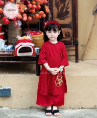 SETKID057-SET áo dài đỏ lụa vân chìm bé gai tặng kèm mấn