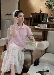 A290- Áo sơ mi peplum kẻ hồng cổ đức chất đũi nhăn đẹp