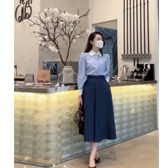 🌿 SET488-SET sơ mi cổ đức kẻ mix CV xanh than midi 🌿