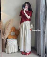 SET483-Set áo thun suông đỏ phối quần ống rộng ren