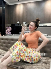 SET450-Áo áo cộc cotton xược trơn mix quần chân ren