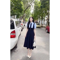 ☘️DAM132 VÁY PHỐI CỔ VUÔNG XẾP LI TAY BỒNG MIXX CÚC CỎ 4 LÁ 🌺