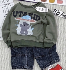 Bt711-Bộ nỉ haida xanh rêu phối quần jean bé trai