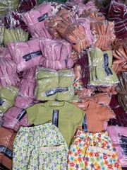 SET450-Áo áo cộc cotton xược trơn mix quần chân ren