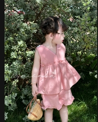 SETKID046-Combo 2 bộ thô đũi bèo trơn bé gái HỒNG VÀNG