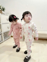 CB190 (9-27kg)-Combo 2 bộ nỉ díp nơ hồng cho bé gái