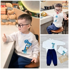 Bn134- Bộ nỉ dài tay bé trai trắng xanh hoạ tiết Cún PLuey VNXK
