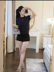 A429- Áo len dệt kim cộc tay cổ bẻ màu xanh than