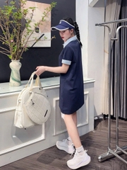 DAM150- đầm zip suông phối kẻ cổ đức 2 màu than-ghi