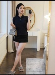 A429- Áo len dệt kim cộc tay cổ bẻ màu xanh than