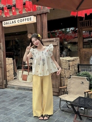 Set625- Set áo hoa voan cánh tiên ly ngực mix quần suông vàng