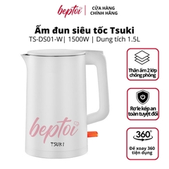 Ấm siêu tốc TSUKI dung tích 1.5L, bình đun nước thân 2 lớp, inox 304 công suất 1500W TS-DS01-W