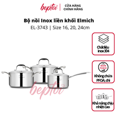 Nồi bếp từ Elmich EL-3743 bộ Inox cao cấp 3 lớp đáy liền Trimax XS EL-3743 size 16, 20, 24cm