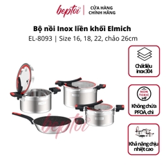 Nồi bếp từ, bộ nồi Inox liền khối Elmich Milano size 16, 18, 22, chảo 26cm ELMICH EL-8093