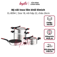 Nồi bếp từ, bộ Inox liền khối Elmich Milano size 18, nồi hấp 22, chảo 26cm ELMICH EL-8094