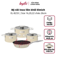 Nồi bếp từ, bộ nồi Inox liền khối Elmich Hera size 16,20,22 chảo 26cm ELMICH EL-8233