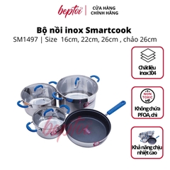 Bộ nồi bếp từ 3 chiếc cỡ 18, 22, 26cm và 1 chảo inox Smartcook cỡ 26cm